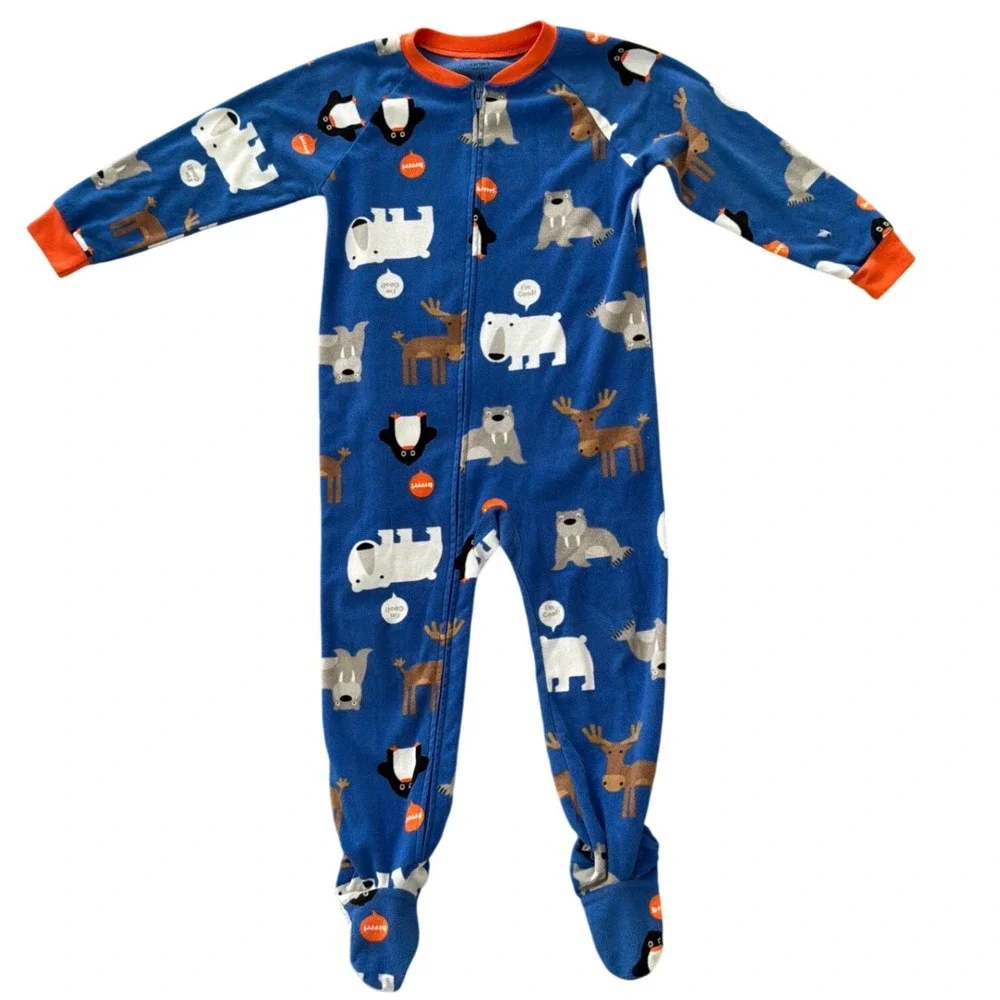 Carters Kids Blue Fleece Arctic Animal‎ Footed Pajamas One Piece Sleeper 4T